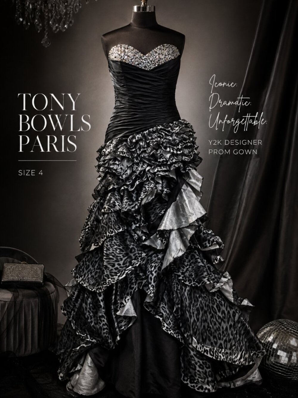 Tony Bowls Paris Size 4 Y2K Black Silver Leopard Ruffle Strapless Prom Gown